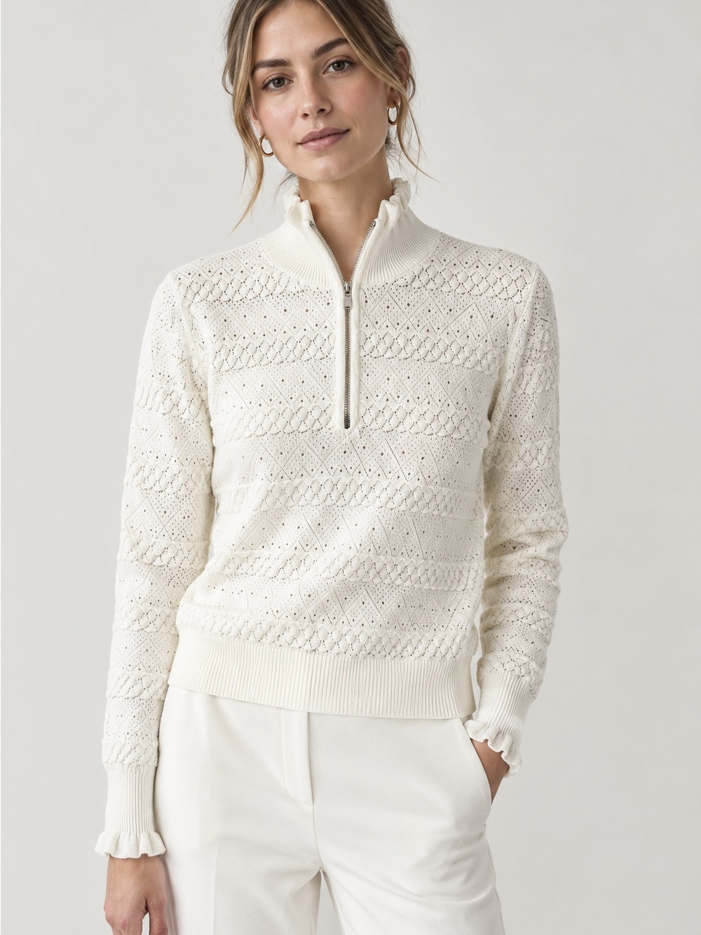 Veronica Beard Ivory Pointelle Ruffled Quarter-Zip Sweater Size L